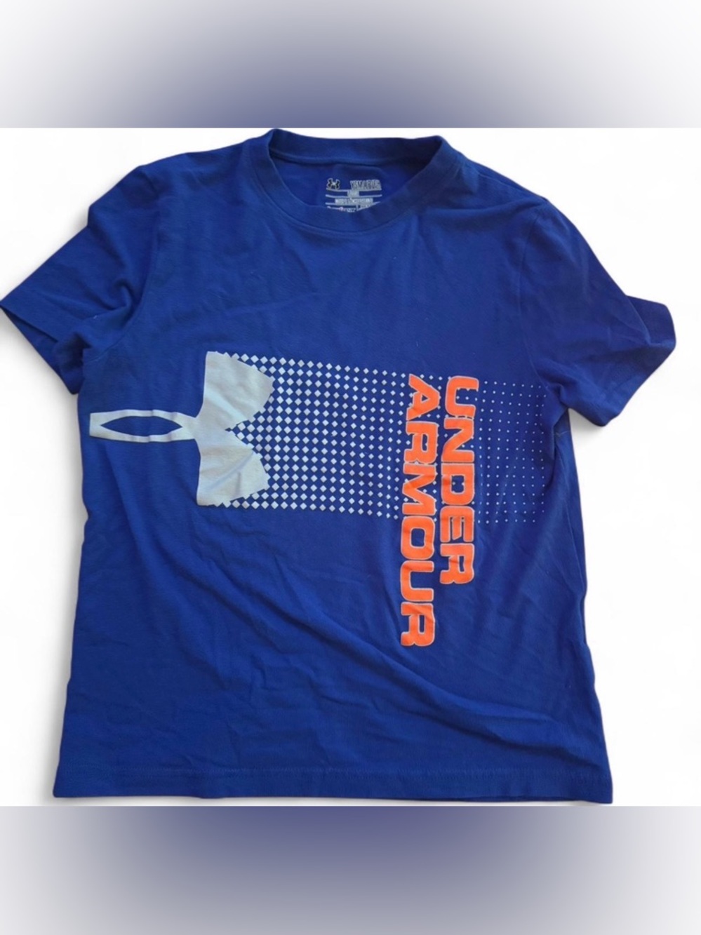 Under Armour Royal Blue Tee with Orange and Light Gray Graphics